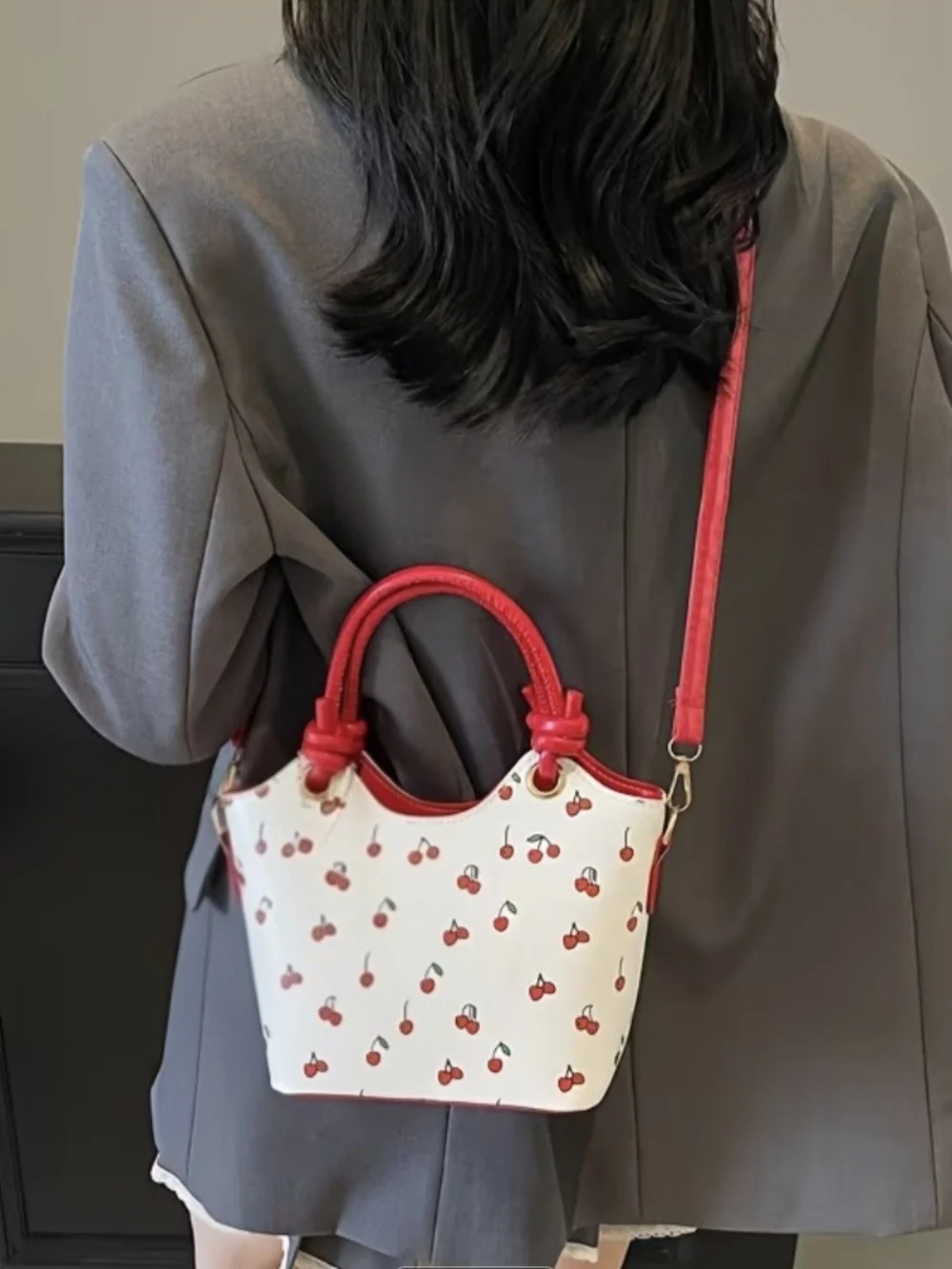 NWT Pin Up Style Red White Cherry Print Purse + Handmade Keychain Size 9 Inches